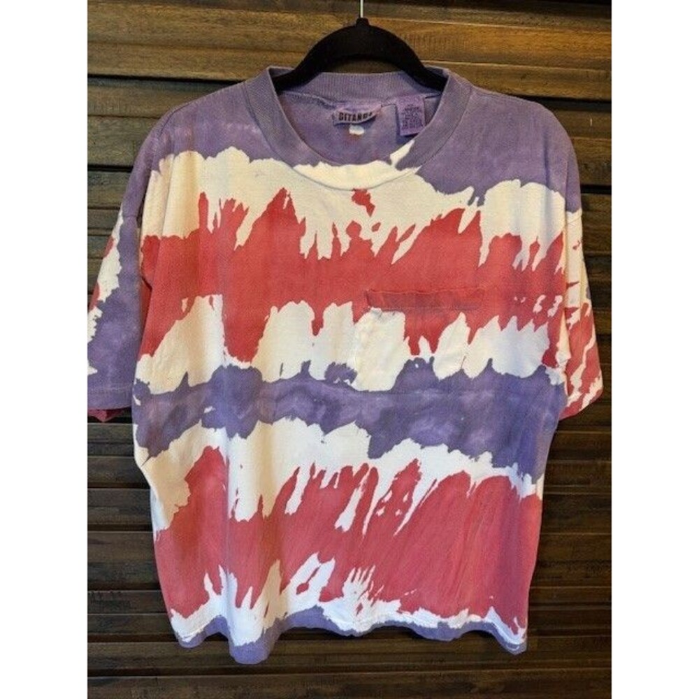 Vintage Gitano Pocket Tie Dye Print T Shirt MED 90s‎ Hippie Purple Red Y2K